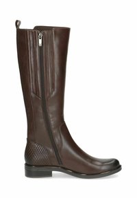Bota de cuero marrón hasta la rodilla con un panel texturizado y cremallera lateral. Presenta una punta redonda y un tacón bajo.