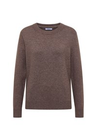 Brązowy sweter dzianinowy z okrągłym dekoltem, długimi rękawami i teksturowanym wykończeniem. Posiada luźny krój i minimalne elementy wzornictwa.