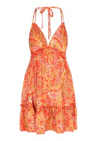 Kleid mit tiefem V-Ausschnitt, Halterträgern und Rüschensaum in leuchtendem Orange mit pinken und gelben Paisleymustern. Hergestellt aus leichtem Stoff.