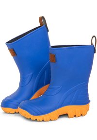 Blaue Gummistiefel mit orangefarbenen strukturierten Sohlen und dunkelgrauem Futter. Verfügt über braune Lederelemente an der Seite und hinten. Kurzschaftdesign.