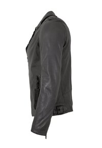 Schwarze Lederjacke mit tailliertem Design,Reißverschluss vorne und Seitentaschen. Mit Schnallenakzenten und Nahtdetails.