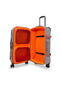 Gray suitcase with orange interior, featuring two mesh compartments, zipper closures, and black straps. Includes retractable handle and wheels.