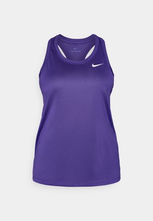 Purple sleeveless Nike athletic tank top with racerback and white swoosh logo on upper left chest.