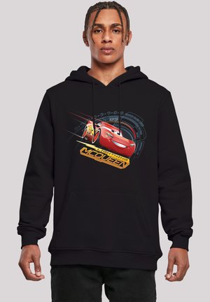 Black hoodie featuring a vibrant graphic of Lightning McQueen in red with orange accents and grey digital design elements. Front kangaroo pocket.