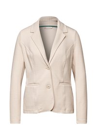 Béžové texturované sako s jedním knoflíkem, špičatými klopami a dvěma předními kapsami, vyrobené z tkané látky. Viditelná přídavná vnitřní etiketa.