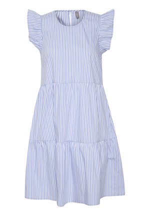 Gestreiftes blau-weißes Kleid mit kurzen Rüschärmeln, rundem Ausschnitt und geschichtetem Rockdesign. Hergestellt aus leichtem Stoff.