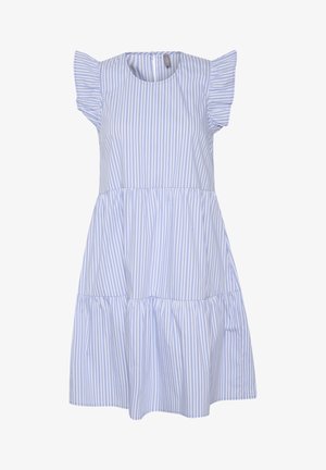 Robe rayée bleue et blanche avec des manches courtes à volants, col rond et jupe à étages. Fabriquée en tissu léger.