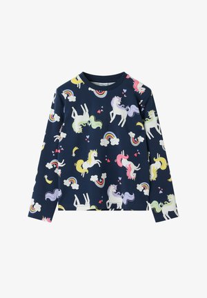 Donkerblauw shirt met lange mouwen met kleurrijke eenhoorns, regenbogen en wolken op een glad katoenstof, voorzien van een ronde halslijn en een rechte zoom.