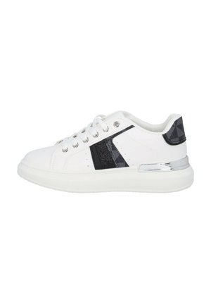 White sneaker with black accents, featuring a patent leather panel, textile detailing, and a chunky white sole. Metallic heel detail included.