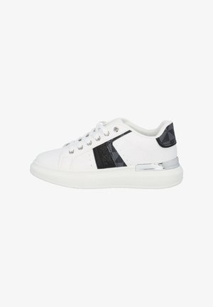 White sneaker with black accents, featuring a patent leather panel, textile detailing, and a chunky white sole. Metallic heel detail included.