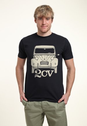 Black t-shirt featuring a beige illustration of a vintage car, with a rounded shape, prominent headlights, and the text "2CV" below.