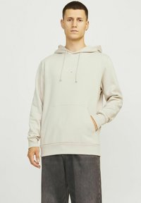 Sudadera gris clara con bolsillo tipo canguro, cordones y detalle del logo. Presenta un ajuste relajado y una textura suave. Llevada con jeans gris oscuro.