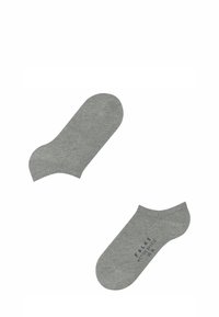 Graue, niedrig geschnittene Socken aus einem weichen, strukturierten Stoff. Mit einem gerippten Bündchen und dem aufgedruckten Markennamen auf einer Socke.