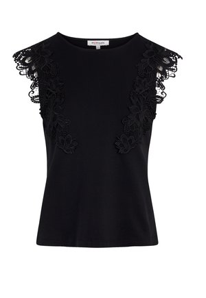 Black sleeveless top with floral lace accents on the shoulders, made of soft fabric, featuring a round neckline and fitted design.