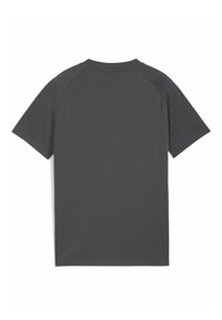 Mörkgrå kortärmad T-shirt, tillverkad av mjukt tyg, med en enkel, sömlös design med en rundad halsringning och raglanärmar.