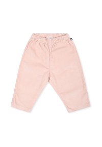 Pantaloni in corduroy rosa con vita elasticizzata, gamba dritta e texture a coste. Presentano un piccolo etichetta del marchio sul lato sinistro.