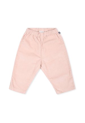Pantalons en velours côtelé rose avec une taille élastique, jambes droites et texture côtelée. Présente une petite étiquette de marque sur le côté gauche.
