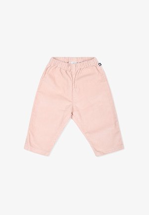 Pantaloni in corduroy rosa con vita elasticizzata, gamba dritta e texture a coste. Presentano un piccolo etichetta del marchio sul lato sinistro.