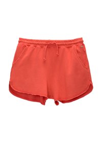 Koraalkleurige casual shorts met elastische tailleband, trekkoord, zijzakken en ronde zoomranden.