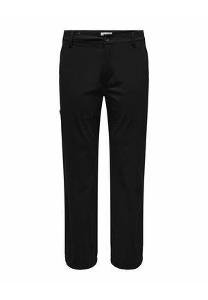 Pantalon noir à coupe droite, avec fermeture par bouton, passants de ceinture et poches latérales. Le tissu a une texture subtile.