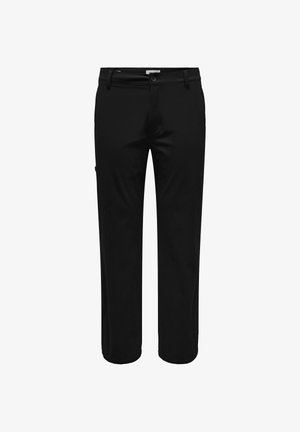 Sorte bukser med lige pasform, featuring en knaplukning, bæltestropper og sidelommer. Stoffet har en subtil tekstur.