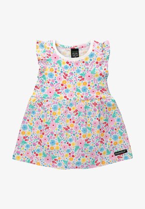 Blomstret kjole lavet af bomuld med lyserød baggrund, med flæser på ærmerne, multicolor blomster og et logo mærke på kanten.