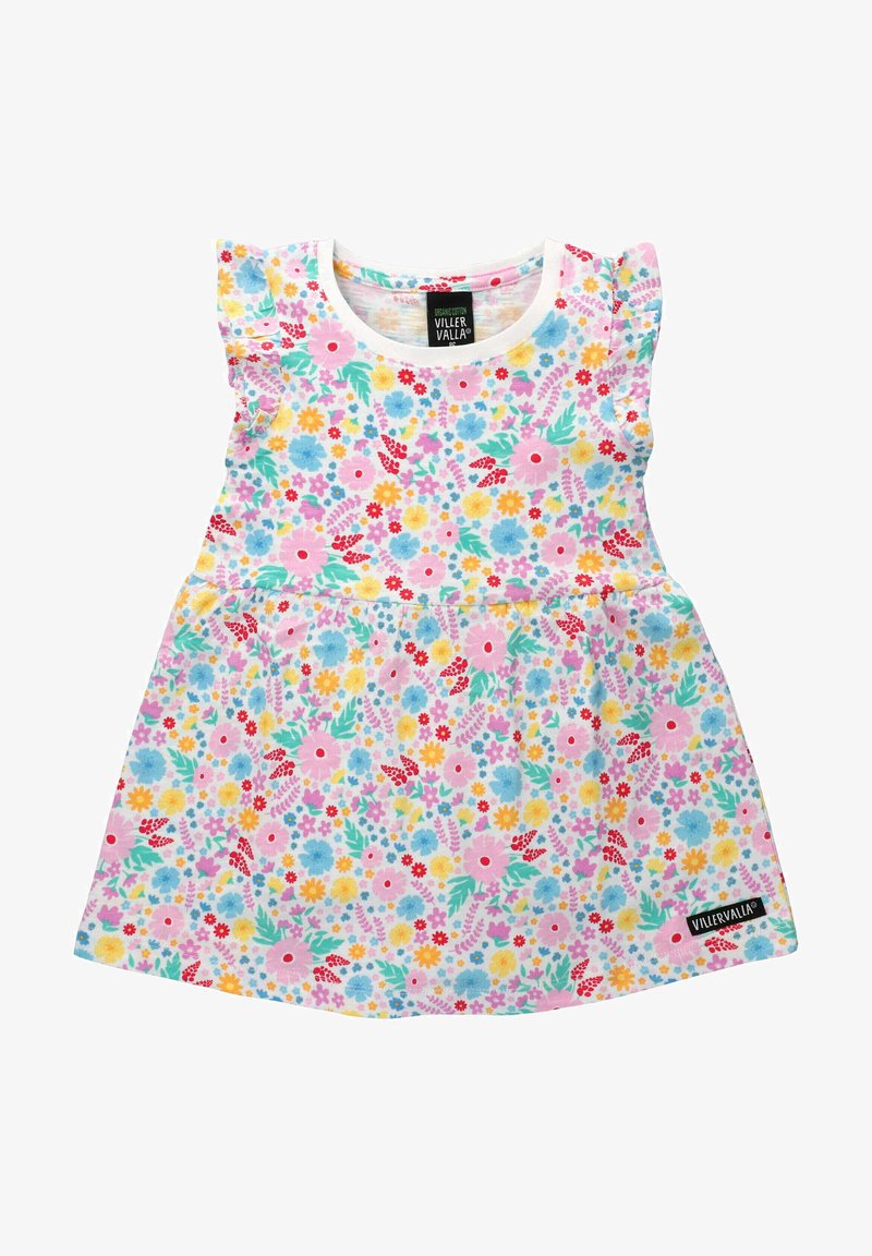 Kwiatowa sukienka wykonana z bawełny na różowym tle, z falbaniastymi rękawami, wielokolorowymi kwiatami i metką z logo na dole.