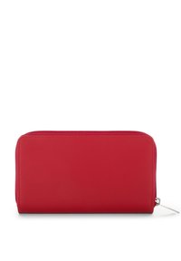 Portefeuille zippé rouge en cuir lisse, de forme rectangulaire, avec des coutures élégantes et une quincaillerie zippée en métal argenté. Sans motifs visibles.
