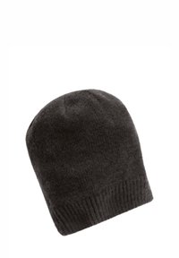 Mörkgrå stickad mössa med mjuk textur och ribbad kant, med rundad topp och sömlös konstruktion.