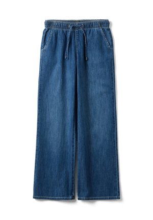 Pantalones vaqueros azules de corte holgado con cintura elástica y cordón, con bolsillos laterales y piernas anchas rectas.