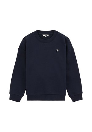 Sweat-shirt bleu marine col rond avec poignets et ourlet côtelés, avec un petit emblème blanc d'oiseau sur la poitrine gauche.