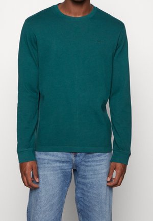 Mand iført teal langærmet rundhalset trøje og lyseblå jeans, med hænderne afslappet langs siderne, stående foran en ensfarvet baggrund.