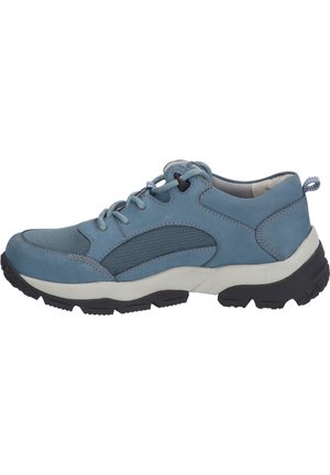 Blue leather and mesh athletic shoe with a rounded toe, lace-up design, padded collar, and sturdy black rubber sole.