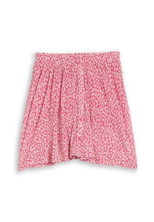 Rosa Rock mit elastischem Bund, kleinem weißem Blumenmuster und Knöpfen vorne, geraffter Stoff, der eine leicht ausgestellte Silhouette schafft.