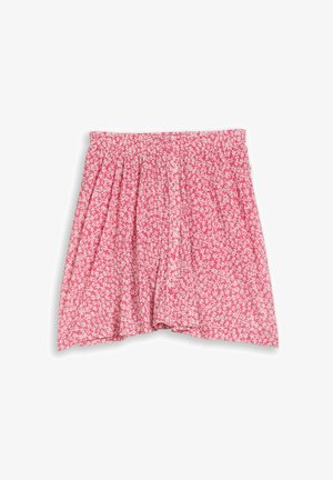 Gonna rosa con vita elastica, piccolo motivo floreale bianco e bottoni frontali, tessuto arricciato che crea una silhouette leggermente svasata.