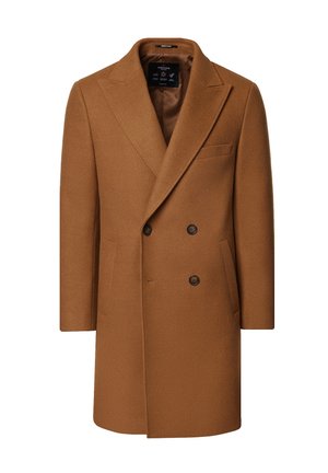 Brązowy wełniany płaszcz dwurzędowy z szerokimi klapami, dwoma przednimi kieszeniami oraz kieszenią na piersi. Gładka faktura, długość do kolan.