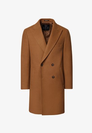 Brązowy wełniany płaszcz dwurzędowy z szerokimi klapami, dwoma przednimi kieszeniami oraz kieszenią na piersi. Gładka faktura, długość do kolan.