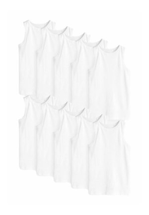 Juego de doce camisetas sin mangas de algodón blanco con escote redondo, que cuentan con una textura suave y un corte estándar.