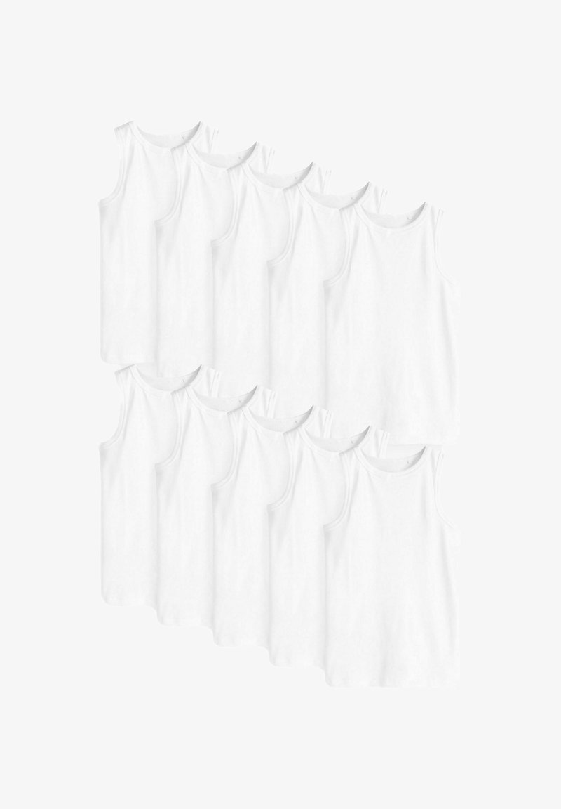 Set of twelve white cotton tank tops with rounded necklines and sleeveless design, featuring a smooth texture and standard fit.
