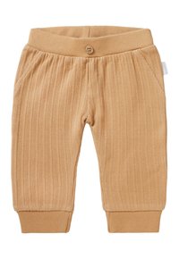 Tan geribde broek met een knoopsluiting, elastische tailleband en zijzakken. Zachte textuur met aangesloten manchetten bij de enkels.