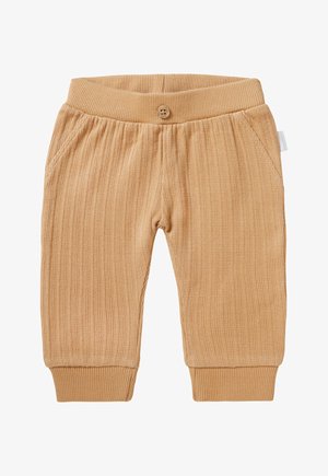 Pantalons côtelés beiges avec une fermeture à bouton, une taille élastique et des poches latérales. Texture douce avec des poignets ajustés aux chevilles.