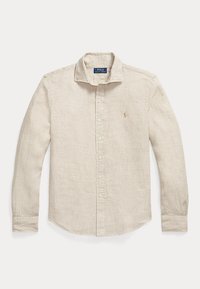 Camicia beige a maniche lunghe con bottoni e colletto, texture sottile e logo Polo Ralph Lauren ricamato sul petto.