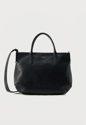 Τσάντα από μαύρο δέρμα με υφή πετραδάκι, με διπλές λαβές και αποσπώμενο ιμάντα ώμου, με μικρό χρυσό λογότυπο "COCCINELLE".