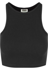 Svart ribbad crop top i ekologisk bomull. Har rund halsringning och breda ärmhål. Ren fåll, inga ytterligare detaljer eller mönster.