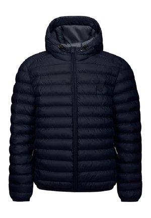 Giacca puffer blu navy con design trapuntato, zip frontale completa, cappuccio e polsini elastici. Presenta tasche laterali e un logo del marchio sul petto.