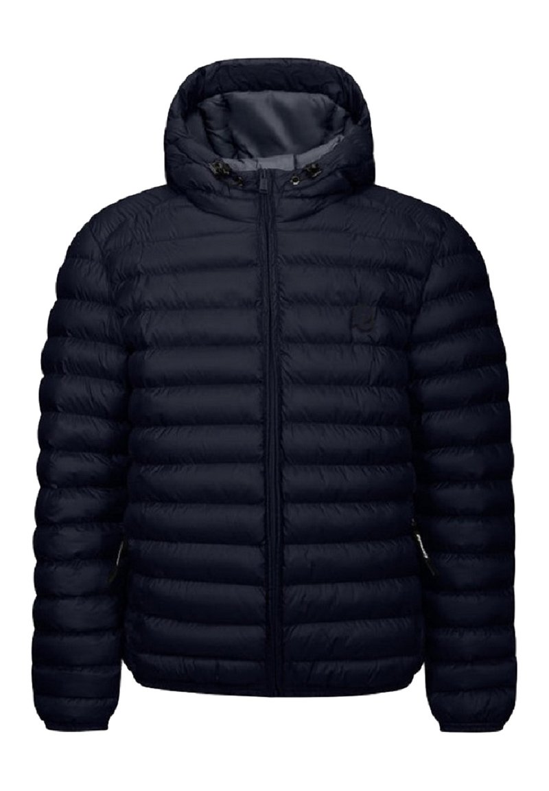 Giacca puffer blu navy con design trapuntato, zip frontale completa, cappuccio e polsini elastici. Presenta tasche laterali e un logo del marchio sul petto.
