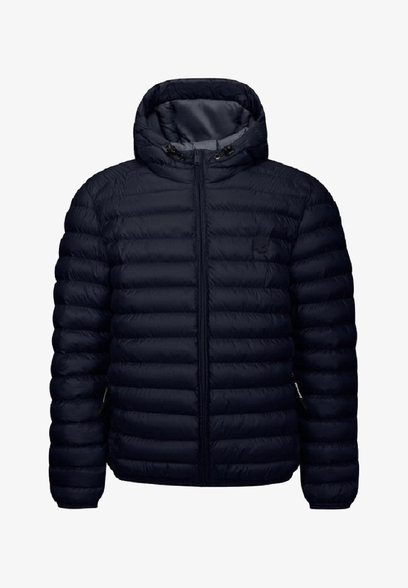 Giacca puffer blu navy con design trapuntato, zip frontale completa, cappuccio e polsini elastici. Presenta tasche laterali e un logo del marchio sul petto.