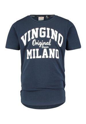 Granatowy t-shirt z krótkim rękawem z białym napisem "VINGINO Original Denim MILANO" z przodu, okrągłym dekoltem i lekko zaokrąglonym dołem.