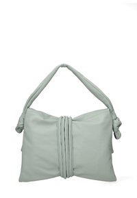Borsa a mano in pelle verde chiaro con manico annodato e dettaglio centrale arricciato. Texture liscia con una forma morbida e strutturata.