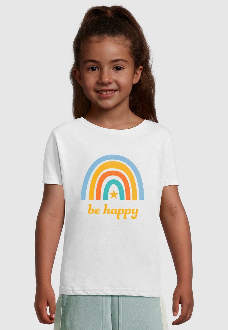 White cotton T-shirt featuring a colorful rainbow design with blue, orange, and yellow arcs, and the text "be happy" in yellow below.